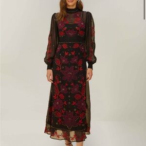 FARM Rio Black and Red Floral Long Sleeve Dress